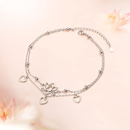 Flyow Anklet for Women S925 Sterling Silver Adjustable Foot Beaded Heart Charm Ankle Bracelet Anklets Jewelry - style: lotus