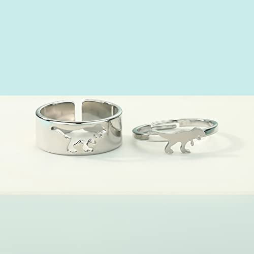 2PCS Matching Cute Animals Promise Engagement Rings for Couples Men Women Jewelry Band Sets 316L Stainless Steel Adjustable Open Ring - color: Dinosaur-s