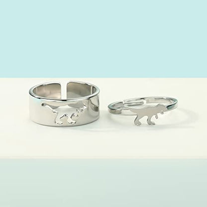 2PCS Matching Cute Animals Promise Engagement Rings for Couples Men Women Jewelry Band Sets 316L Stainless Steel Adjustable Open Ring - color: Dinosaur-s