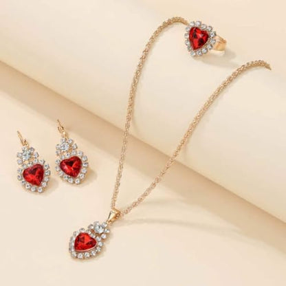 MALOYANVE 4PCS Crystal Heart Jewelry Set Glitter Gold Cubic Zirconia Love Heart Pendant Necklace Lightweight Hoop Earrings Bangle Bracelet Adjustable Open Ring Prom Wedding Jewelry for Women - color: Red