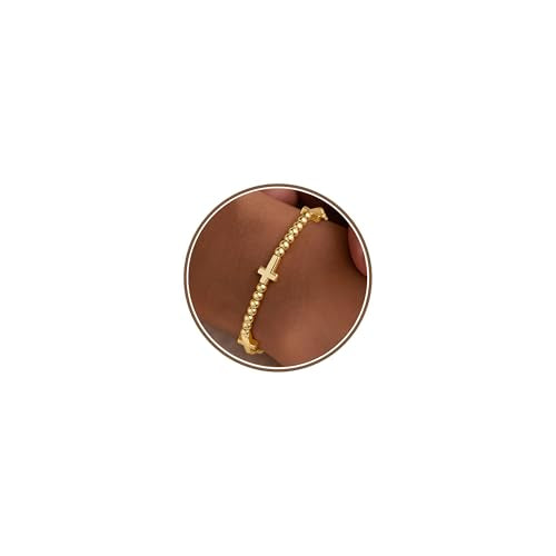 M MOOHAM Gold Beaded Charm Bracelets for Women Girls Non Tarnish | 14K Gold Plated, Dainty CZ Heart Smile Face Cross Charm Stretch Bead Bracelet for Women Teenage Teen Girls - color: Cross