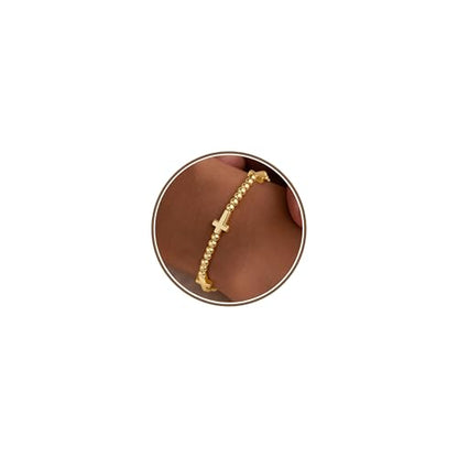 M MOOHAM Gold Beaded Charm Bracelets for Women Girls Non Tarnish | 14K Gold Plated, Dainty CZ Heart Smile Face Cross Charm Stretch Bead Bracelet for Women Teenage Teen Girls - color: Cross