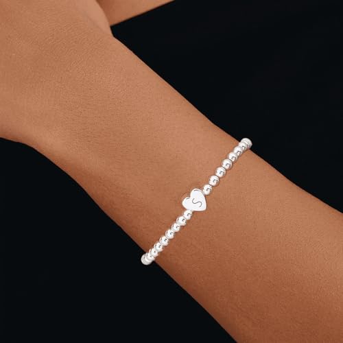 Beaded Bracelets for Women Dainty Beaded Heart Initial Bracelets Letter A-Z Charm Stretch Bead Ball Bracelet Trendy Jewelry Gifts - style: Silver-S