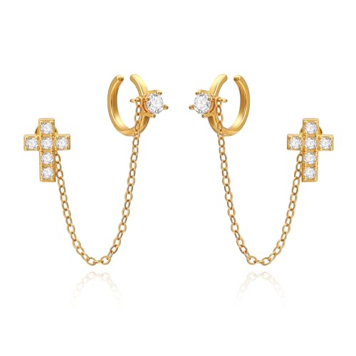 Cicy Bell Ear Cuff Earrings for Women Cubic Zirconia Stud Chain Earrings | 18k Gold Plated Clip On Climber earrings Non Piercing Waterproof Jewelry Gifts Birthday Party - color: Gold-StyleA