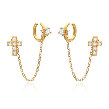 Cicy Bell Ear Cuff Earrings for Women Cubic Zirconia Stud Chain Earrings | 18k Gold Plated Clip On Climber earrings Non Piercing Waterproof Jewelry Gifts Birthday Party - color: Gold-StyleA