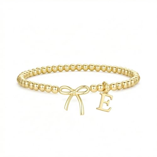 Letter A-Z Bracelets for Women Teen - Inital Beaded Bracelet with Bowknot Charm, Dainty Stretch Stackable Bracelet, Trendy Jewelry Gifts for Birthday Easter Basket Stuffers - style: Gold: E