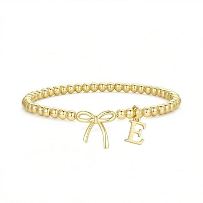 Letter A-Z Bracelets for Women Teen - Inital Beaded Bracelet with Bowknot Charm, Dainty Stretch Stackable Bracelet, Trendy Jewelry Gifts for Birthday Easter Basket Stuffers - style: Gold: E