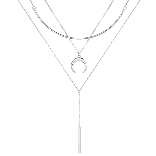 Turandoss Gold Layered Necklaces for Women - 14K Gold Plated Handmade Multilayer Bar Pearls Coin Disc Moon Butterfly Medallion Adjustable Dainty Layered Choker Necklaces for Women Jewelry - style: 3PCS Silver - Chain&Crescent&Bar