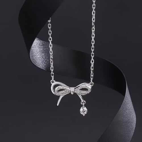 925 Sterling Silver Necklace for Women Trendy, Charming Layered Necklace with Cubic Zirconia Pendant for Her Womens Dainty Diamond Choker Necklaces Holiday Jewelry Gifts for Mom Wife Daughter Lover - color: Bowknot-Silver