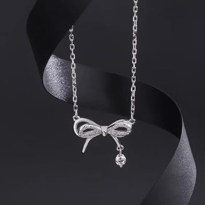 925 Sterling Silver Necklace for Women Trendy, Charming Layered Necklace with Cubic Zirconia Pendant for Her Womens Dainty Diamond Choker Necklaces Holiday Jewelry Gifts for Mom Wife Daughter Lover - color: Bowknot-Silver