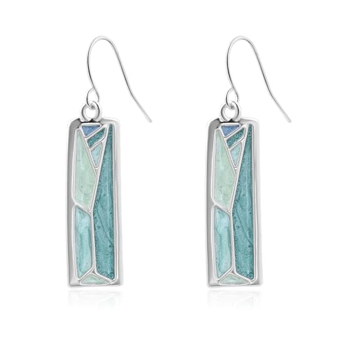 Silver Dangle Earrings for Women Shaped Rectangle Wide Bar Enamel Earrings Colorful Geometric Drop for Daily - color: Blue