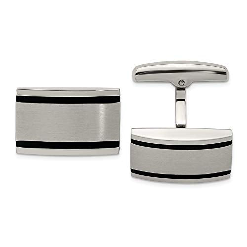 Solid Stainless Steel Men's Brushed and Black Rubber Rectangle Cufflinks - 20mm x 12mm