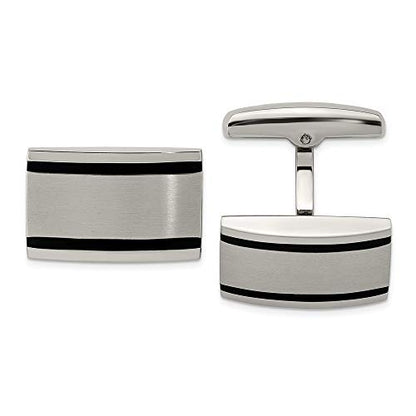 Solid Stainless Steel Men's Brushed and Black Rubber Rectangle Cufflinks - 20mm x 12mm