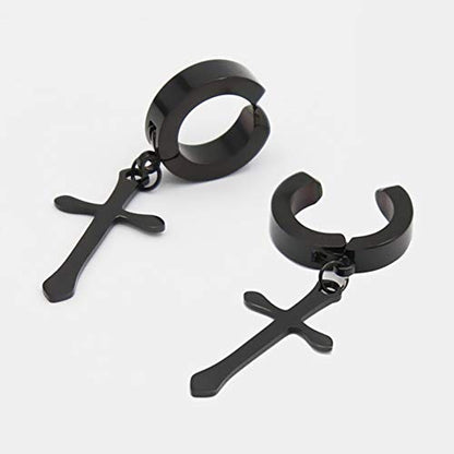 Non-pierced Earrings Set for Men Women Cross Titanium Steel Hoop Dangle Clip On Earring - style: set of 2 pairs