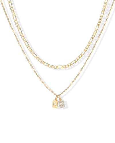 PAVOI Initial Necklace for Women, 14K Gold Plated Double Dog Tag CZ Pendant | Dainty Necklace, Letter Tag Necklace, Cubic Zirconia Pendant, Box Chain Necklace - style: - K