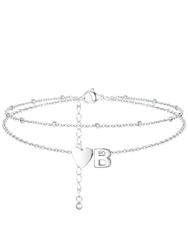 Ankle Bracelets for Women Waterproof 14K Gold/Silver/Black Initial Anklet for Women Dainty Layered Heart Ankle Bracelets Stainless Steel Adjustable Foot Chain Anklet Summer Beach Jewelry - color: B-Silver