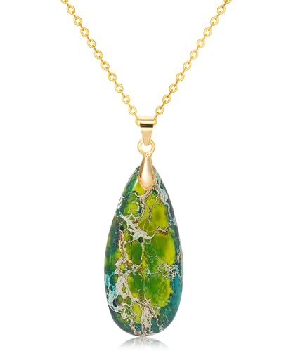 Stone Necklaces for Women Teardrop Gemstone Pendant Necklace Natural Stone Chain Necklaces - color: Green Gold