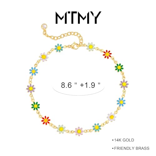 Gold Anklets for Women 14K Gold Plated Tiny Bead Anklet Colorful Tassel Foot Chain Dainty Adjustable Cute Summer Beach Boho Anklets Jewelry Gift - color: colorful daisies