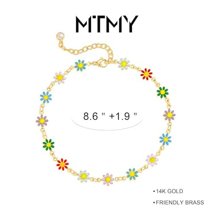 Gold Anklets for Women 14K Gold Plated Tiny Bead Anklet Colorful Tassel Foot Chain Dainty Adjustable Cute Summer Beach Boho Anklets Jewelry Gift - color: colorful daisies