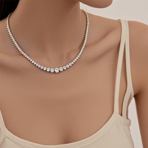 BREN 3 Prong Graduated Tennis Necklaces for Women Men, 18K White/Yellow Gold Plated 16/18 inches Round Cubic Zirconia Dainty Chain Wedding Jewelry Gift - color: Gold, size: 16 inch