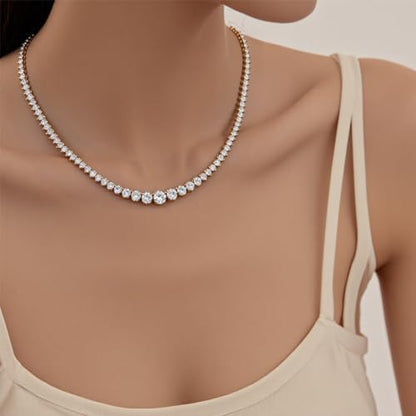 BREN 3 Prong Graduated Tennis Necklaces for Women Men, 18K White/Yellow Gold Plated 16/18 inches Round Cubic Zirconia Dainty Chain Wedding Jewelry Gift - color: Gold, size: 16 inch