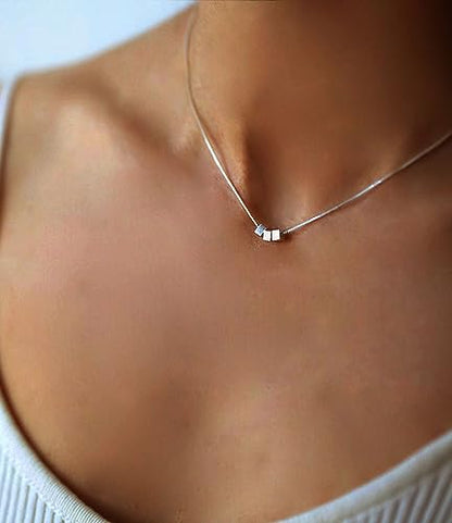 S925 Silver Women's Bar Necklace/Double Circle Layered Y Necklace Chain Adjustable Long/Tiny Pendant Chain Choker for Lady Gift - style: 3 Square