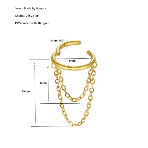 16G Titanium Cartilage Earrings Hoop 7mm 9mm Helix Piercing Jewelry with Single/Double/Triple Chains Hypoallergenic Hinged Clicker - style: gold 2 chains 9mm