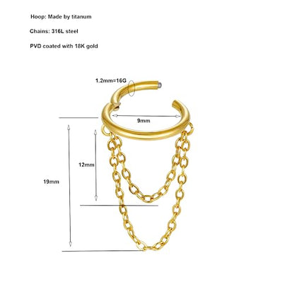16G Titanium Cartilage Earrings Hoop 7mm 9mm Helix Piercing Jewelry with Single/Double/Triple Chains Hypoallergenic Hinged Clicker - style: gold 2 chains 9mm