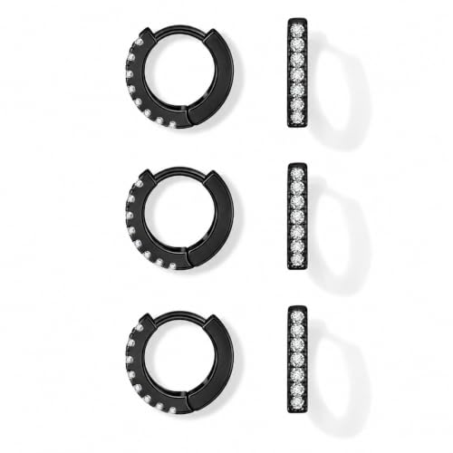 micuco 3 Pairs Small Hoop Earrings Tiny Cartilage Earrings for Women Men | Cubic Zirconia Earrings Huggie Hoop Ear Piercing Earrings for 8mm 10mm 12mm - color: 7# Black 8-8-8mm