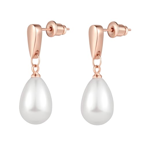14k Gold Plated Lightweight Pearl Earrings,Trendy Jewelry,Teardrop Hoop Earrings for Women,Pearl Drop Earrings,Elegant Jewelry for Gifts - color: rose gold-pearl dangle