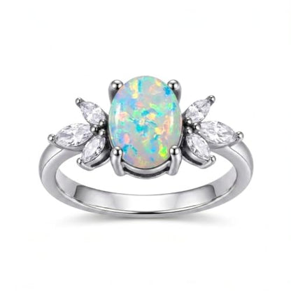 MRENITE Oval Floral Ring for Women S925 Sterling Silver Gemstone Ring for Her Anniversary Birthday Engagement Promise Jewelry Gift - color: White Opal