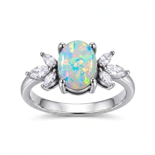 MRENITE Oval Floral Ring for Women S925 Sterling Silver Gemstone Ring for Her Anniversary Birthday Engagement Promise Jewelry Gift - color: White Opal