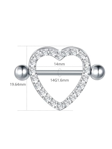 Oveta Heart Nipple Rings Surgical Steel 14G, Cute Internally Threaded Nipple Piercing Jewelry Barbells 14mm for Women, Silver/Gold, 2PCS - color: Clear CZ, Silver