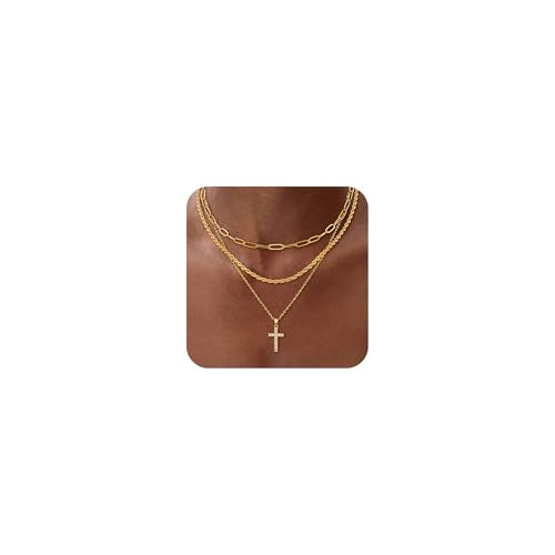 Layered Gold Cross Necklaces for Women, Stack Stackable 14K Gold/Silver Plated Cubic Zirconia Pendant Necklace Set Dainty Choker Layering Necklaces for Women Faith Jewelry Religious Gift - style: Gold-CZ-2