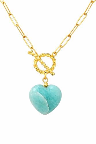 Gempires Gemstone Heart Pendant Necklace for Women, Gold Toggle Birthstone | Handmade gemstone heart pendant necklace — choose from 11 stones and birthstones, gold toggle paperclip chain. - color: Amazonite
