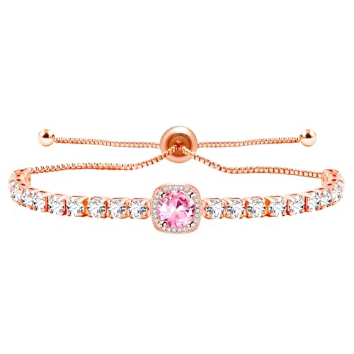 Sparkling CZ Tennis Bracelets for Women, Birthstone Slider Bolo Bracelets Trendy Birthday Valentine's Day Jewelry for Women Lady - color: Pink