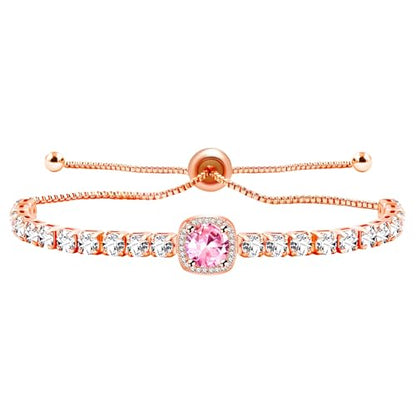 Sparkling CZ Tennis Bracelets for Women, Birthstone Slider Bolo Bracelets Trendy Birthday Valentine's Day Jewelry for Women Lady - color: Pink
