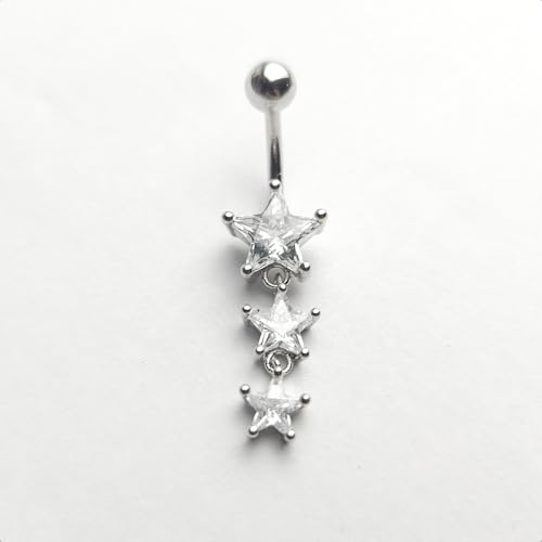 14G Surgical Steel Star Dangle Belly Button Rings for Women Sparkling Cubic Zirconia Crystal Star Belly Navel Curved Barbell Ring Navel Piercing Jewelry - color: Silver