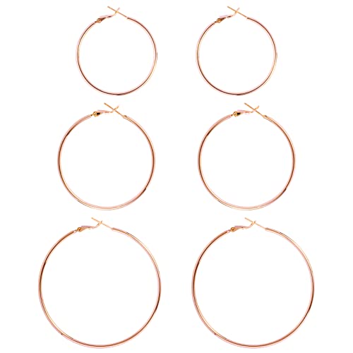 DAILY VIBES Simple Big Thin Hoop Earrings for Women Trendy, 3 Pairs | 925 Sterling Silver Post Large Hoops, 14K Gold or Silver Plated Loop, Hypoallergenic Hoop Earrings Set - color: Rose Gold, size: 50-60-70mm