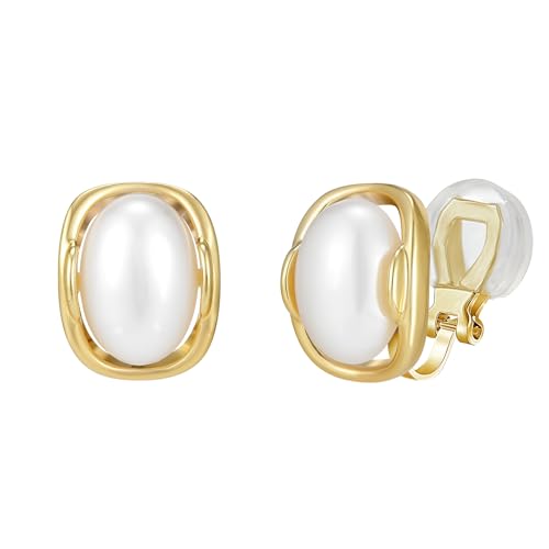 YOQUCOL Natural Stone Trendy Clip On Stud Earrings for Women Gold Plated Non Pierced Statement Earrings Fashion Jewelry - color: Oval-Pearl