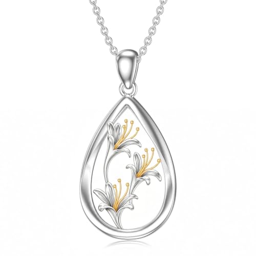 12 Month Birth Flower Necklace for Women 925 Sterling Silver Floral Teardrop Pendant Birthday Jewelry Gifts - color: 06. June Honeysuckle