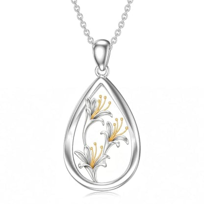 12 Month Birth Flower Necklace for Women 925 Sterling Silver Floral Teardrop Pendant Birthday Jewelry Gifts - color: 06. June Honeysuckle