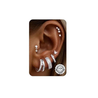 ADRAMATA Hypoallergenic Gold Earrings Stack for Women - 7Pairs Surgical Steel Small Chunky Huggie Hoops & Flat Back Stud Earrings Set Silver Cartilage Jewelry Trendy Christmas Gifts - style: Shiny - Silver