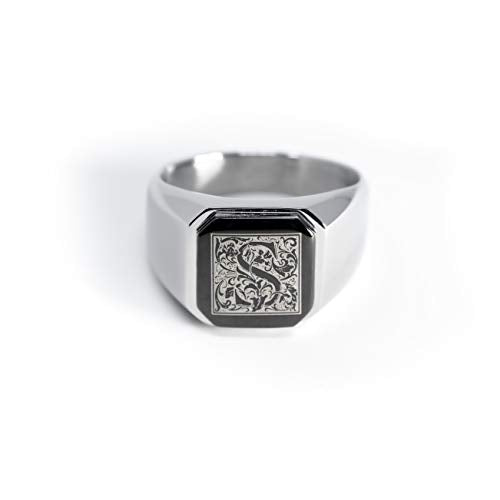 Jewelry | Stainless Steel Letter Alphabet Initial Ring | Square Flat Top Ring for Men & Women | Stainless Steel Jewelry, (Black, Gold, Silver), Size 7-16 - color: Silver, size: 13.5, style: Letter S