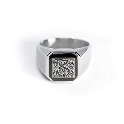 Jewelry | Stainless Steel Letter Alphabet Initial Ring | Square Flat Top Ring for Men & Women | Stainless Steel Jewelry, (Black, Gold, Silver), Size 7-16 - color: Silver, size: 13.5, style: Letter S