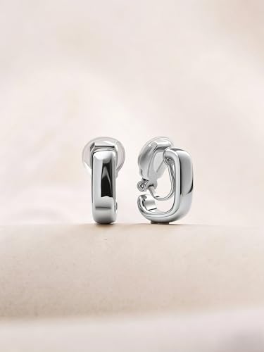 FAN&LOUIS Gold Clip On Earrings for Women，24K Gold Plated Chunky Hoop Earrings for Non-Pierced Ears Small Hypoallergenic Lightweight U Shaped Clip-On - style: Silver