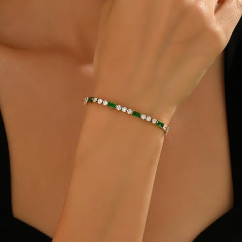Tennis Bracelet for Women 18K Gold Plated White Red Green Black Blue Pink 3mm Cubic Zirconia Bracelet Dainty Diamond Adjustable Bracelet Trendy Jewelry Gift - color: Green Tennis-GD