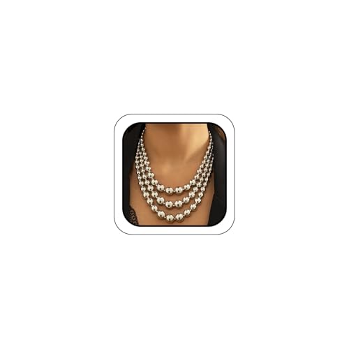 Chunky Gold Silver Beaded Ball Necklace for Women Statement Layered Choker | Trendy Thick Round Beads Collar Choker, Unique Big Stack Bib Necklaces Jewelry Gifts, Vintage Prom Party Costume Accessories - color: Silver