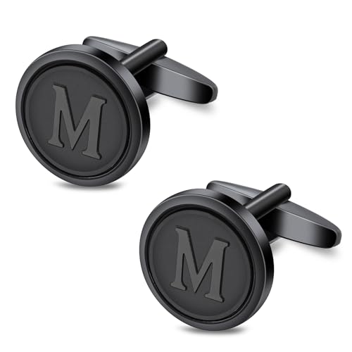 Initial Letter A-Z Cufflinks for Men Silver/Gold/Black Cufflinks 26 Alphabet Letter Copper Cufflinks for Formal Occasions Gifts Anniversary Business Wedding for Bridegroom Groomsmen - size: Black, style: Initial: M