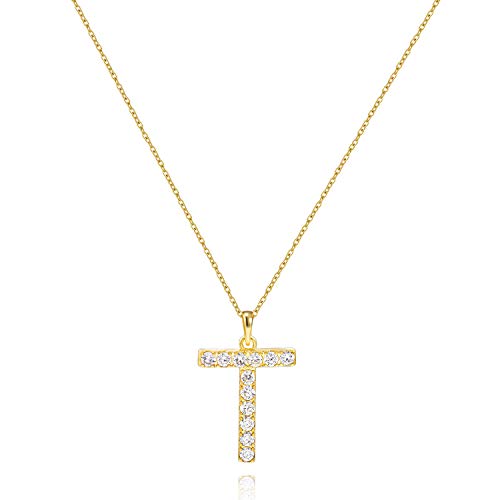 Tarsus Initial Cubic Zirconia Necklace for Women Teens | Jewelry Gifts for Women Adjustable Chain 18" + 2" - style: Gold-T-Diamond style
